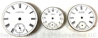 (3) Enamel Pocket Watch Faces, 2 with movements: SN's 3196589 and 7879532