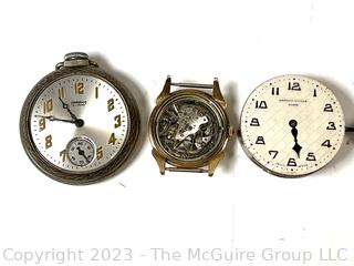 Ingraham Pocket Watch, Elgin Wristwatch and Sandoz-Vuille 8 Day 7J Swiss Clock Movement 