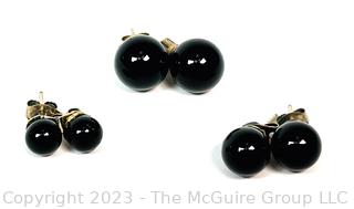 Three (3) Pairs Black Onyx Bead Stud Earrings