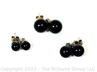 Three (3) Pairs Black Onyx Bead Stud Earrings