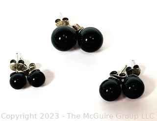 Three (3) Pairs Black Onyx Bead Stud Earrings