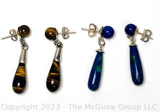 Two (2) Pairs of Dangle Earrings in Tigers Eye and Lapis with Sterling Findings