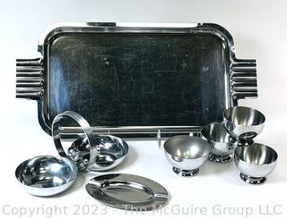 Art Deco Chrome Serving Tray with Chase Double Bowl Serving Dish With Carrying Handle and Cocktail Glasses. 