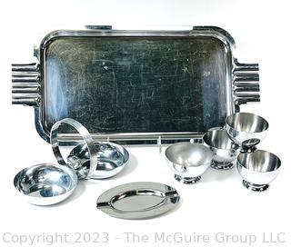 Art Deco Chrome Serving Tray with Chase Double Bowl Serving Dish With Carrying Handle and Cocktail Glasses. 