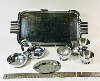 Art Deco Chrome Serving Tray with Chase Double Bowl Serving Dish With Carrying Handle and Cocktail Glasses. 