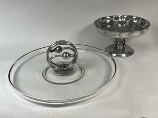 Two (2) Pewter and Glass Serving Pieces