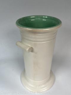 Mid Century White with Teal Interior Pottery Vase. Measures 10"T