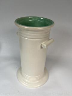 Mid Century White with Teal Interior Pottery Vase. Measures 10"T