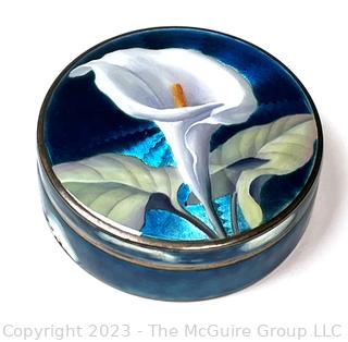 Blue Guilloche Enamel Trinket Box Decorated with Calla Lily .