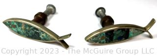 Two (2) Los Castillo Taxco Mexico Mid Century Fish-Form Drawer Pulls Inset with Turquoise  