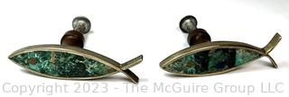 Two (2) Los Castillo Taxco Mexico Mid Century Fish-Form Drawer Pulls Inset with Turquoise  