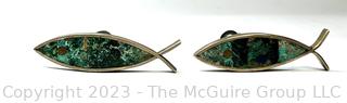 Two (2) Los Castillo Taxco Mexico Mid Century Fish-Form Drawer Pulls Inset with Turquoise  