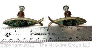 Two (2) Los Castillo Taxco Mexico Mid Century Fish-Form Drawer Pulls Inset with Turquoise  