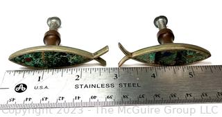 Two (2) Los Castillo Taxco Mexico Mid Century Fish-Form Drawer Pulls Inset with Turquoise  