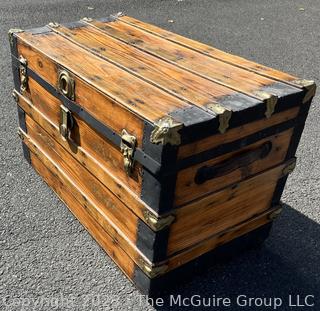 Refinished Early American Flat Top Steamers Trunk, Fabric Lined.  32" L x 17" W x 20"T