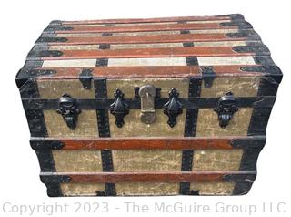 19th Century Flat Top Steamer Trunk, Unlined.  Includes note with Provenance. "Mary Isabelle Tabb marries Charles Alexander Stewart, Norfolk County, Virginia, in December 1887.  Trunk brought to Falls Church on Norfolk-Washington steamer. " Measures 32w x 20d x 23" height