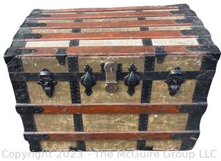 19th Century Flat Top Steamer Trunk, Unlined.  Includes note with Provenance. "Mary Isabelle Tabb marries Charles Alexander Stewart, Norfolk County, Virginia, in December 1887.  Trunk brought to Falls Church on Norfolk-Washington steamer. " Measures 32w x 20d x 23" height