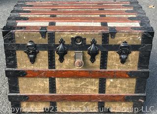 19th Century Flat Top Steamer Trunk, Unlined.  Includes note with Provenance. "Mary Isabelle Tabb marries Charles Alexander Stewart, Norfolk County, Virginia, in December 1887.  Trunk brought to Falls Church on Norfolk-Washington steamer. " Measures 32w x 20d x 23" height