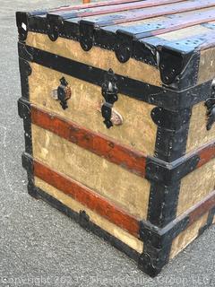 19th Century Flat Top Steamer Trunk, Unlined.  Includes note with Provenance. "Mary Isabelle Tabb marries Charles Alexander Stewart, Norfolk County, Virginia, in December 1887.  Trunk brought to Falls Church on Norfolk-Washington steamer. " Measures 32w x 20d x 23" height