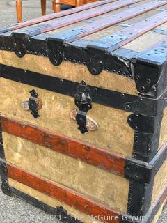 19th Century Flat Top Steamer Trunk, Unlined.  Includes note with Provenance. "Mary Isabelle Tabb marries Charles Alexander Stewart, Norfolk County, Virginia, in December 1887.  Trunk brought to Falls Church on Norfolk-Washington steamer. " Measures 32w x 20d x 23" height