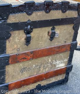 19th Century Flat Top Steamer Trunk, Unlined.  Includes note with Provenance. "Mary Isabelle Tabb marries Charles Alexander Stewart, Norfolk County, Virginia, in December 1887.  Trunk brought to Falls Church on Norfolk-Washington steamer. " Measures 32w x 20d x 23" height