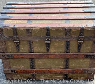 19th Century Flat Top Steamer Trunk, Unlined.  Includes note with Provenance. "Mary Isabelle Tabb marries Charles Alexander Stewart, Norfolk County, Virginia, in December 1887.  Trunk brought to Falls Church on Norfolk-Washington steamer. " Measures 32w x 20d x 23" height