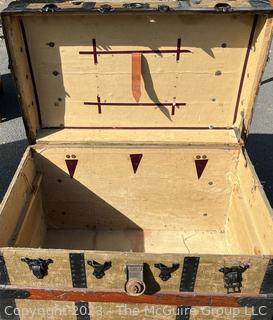 19th Century Flat Top Steamer Trunk, Unlined.  Includes note with Provenance. "Mary Isabelle Tabb marries Charles Alexander Stewart, Norfolk County, Virginia, in December 1887.  Trunk brought to Falls Church on Norfolk-Washington steamer. " Measures 32w x 20d x 23" height