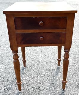 Sheraton Cross-Banded Two Drawer Stand Table with Turned Legs.  Stamped inside drawer "C.A. SP Undertaker and Dealer in all Kinds of Furniture. 1118 2nd St, Harrisburg, PA". Measures 17 x 19 x 30"