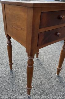 Sheraton Cross-Banded Two Drawer Stand Table with Turned Legs.  Stamped inside drawer "C.A. SP Undertaker and Dealer in all Kinds of Furniture. 1118 2nd St, Harrisburg, PA". Measures 17 x 19 x 30"