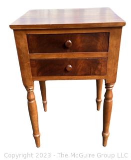 Sheraton Cross-Banded Two Drawer Stand Table with Turned Legs.  Stamped inside drawer "C.A. SP Undertaker and Dealer in all Kinds of Furniture. 1118 2nd St, Harrisburg, PA". Measures 17 x 19 x 30"