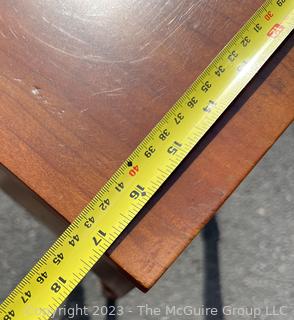 Sheraton Cross-Banded Two Drawer Stand Table with Turned Legs.  Stamped inside drawer "C.A. SP Undertaker and Dealer in all Kinds of Furniture. 1118 2nd St, Harrisburg, PA". Measures 17 x 19 x 30"