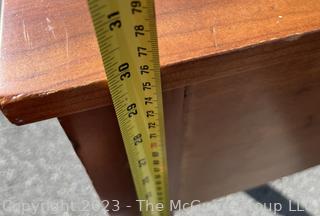 Sheraton Cross-Banded Two Drawer Stand Table with Turned Legs.  Stamped inside drawer "C.A. SP Undertaker and Dealer in all Kinds of Furniture. 1118 2nd St, Harrisburg, PA". Measures 17 x 19 x 30"