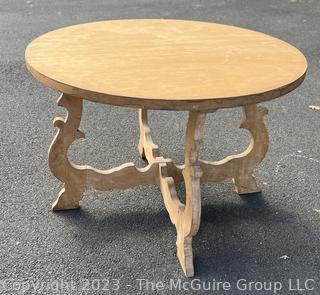 Unfinished Round Center Dining Table With Scroll Legs and Protective Glass Top. Measures 44 x 30"