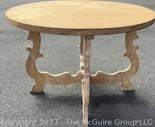 Unfinished Round Center Dining Table With Scroll Legs and Protective Glass Top. Measures 44 x 30"