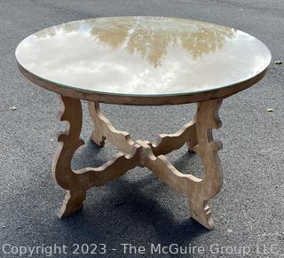 Unfinished Round Center Dining Table With Scroll Legs and Protective Glass Top. Measures 44 x 30"