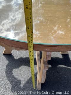 Unfinished Round Center Dining Table With Scroll Legs and Protective Glass Top. Measures 44 x 30"