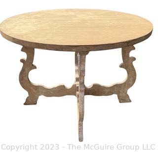 Unfinished Round Center Dining Table With Scroll Legs and Protective Glass Top. Measures 44 x 30"