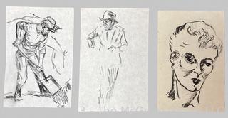 Three (3) Black & White Hand Drawn Sketches of Men in Action. Each measure 2.5 x 3 3/4"