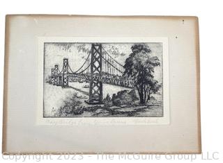 Unframed Black & White Lithograph of Golden Gate Bridge by Harriet Gene Roudebush. Measures 4.5 x 3.5"