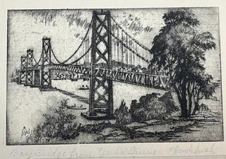 Unframed Black & White Lithograph of Golden Gate Bridge by Harriet Gene Roudebush. Measures 4.5 x 3.5"