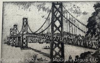 Unframed Black & White Lithograph of Golden Gate Bridge by Harriet Gene Roudebush. Measures 4.5 x 3.5"