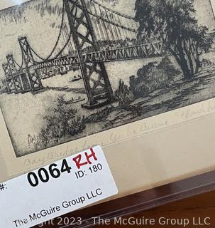 Unframed Black & White Lithograph of Golden Gate Bridge by Harriet Gene Roudebush. Measures 4.5 x 3.5"