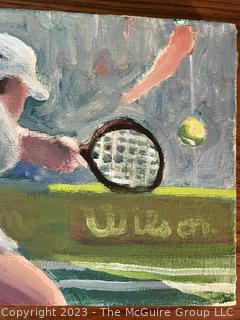 Stretcher Framed Oil on Canvas of Tennis Match Signed by Artist 2016. Measures 12 x 6"