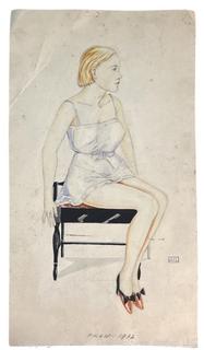 Unframed Paint on Paper of Seated Woman Titled "Fran" Signed by Artist (JJL) Libertini, 1932. 7" x 13".