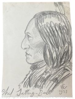 Pencil Sketch of Chief Sitting Bull signed EW 1923. Measures 3.5 x 4 3/4"