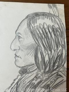 Pencil Sketch of Chief Sitting Bull signed EW 1923. Measures 3.5 x 4 3/4"