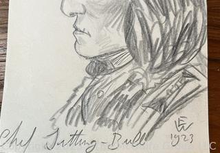 Pencil Sketch of Chief Sitting Bull signed EW 1923. Measures 3.5 x 4 3/4"