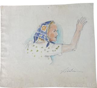 Unframed Paint on Paper of Woman Waiving Signed by Artist Libertini. 10" x 9".