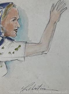 Unframed Paint on Paper of Woman Waiving Signed by Artist Libertini. 10" x 9".