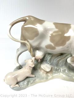 Lladro Cow with Pig No. 4640 Porcelain Figurine. 6" tall